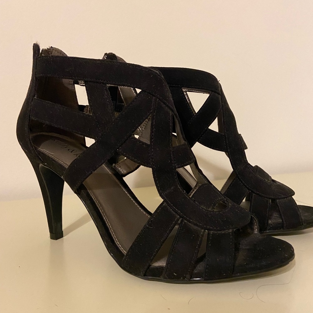 Kelly & Katie Black Faux Suede Cage Heels